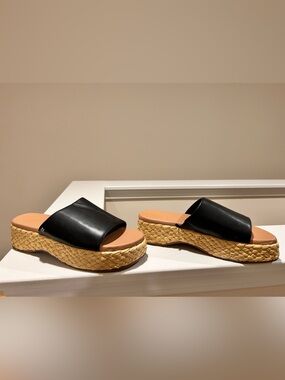 Sam & Libby Black Slide Sandals Raffia Wedge Platform Size 10